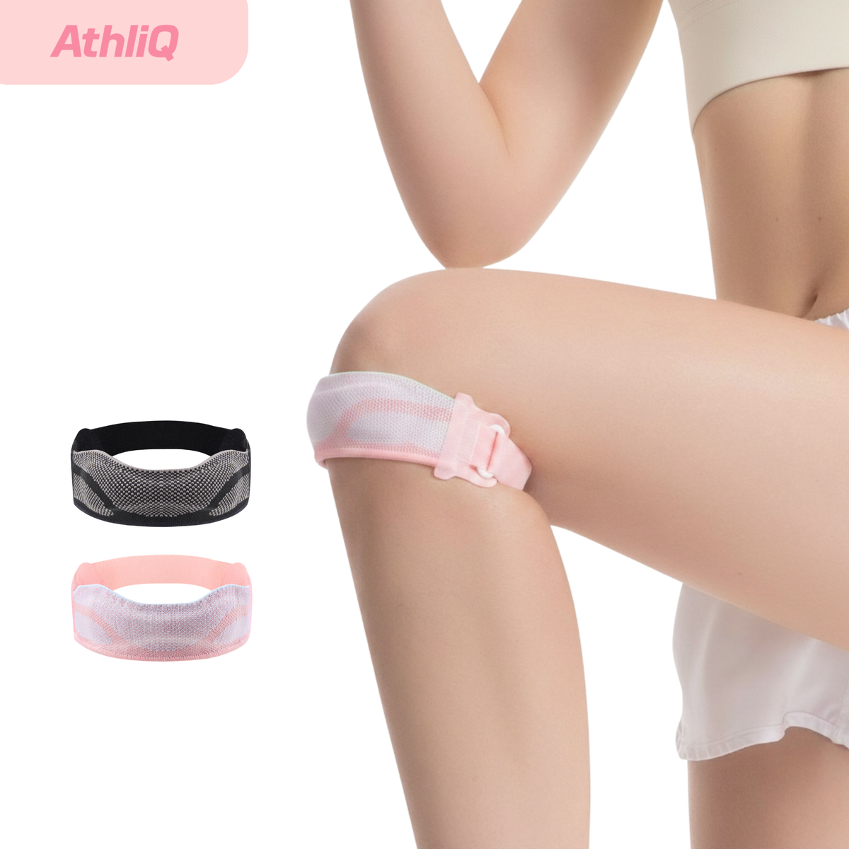 Adjustable Patella Tendon Strap 1 Pair — Breathable Knee Support Bands with Silicone Cushion, Black/Pink