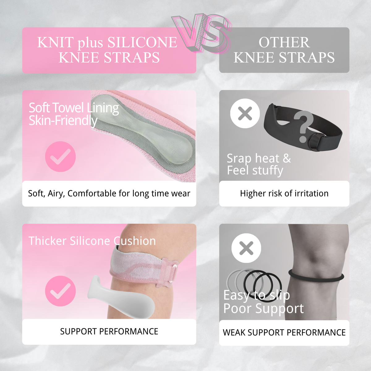 Adjustable Patella Tendon Strap 1 Pair — Breathable Knee Support Bands with Silicone Cushion, Black/Pink